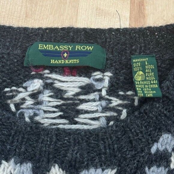 Vintage 1990s Embassy Row Hand Knit Snowflake Wool Chunky Overszied Sweater Sz L - Picture 6 of 6